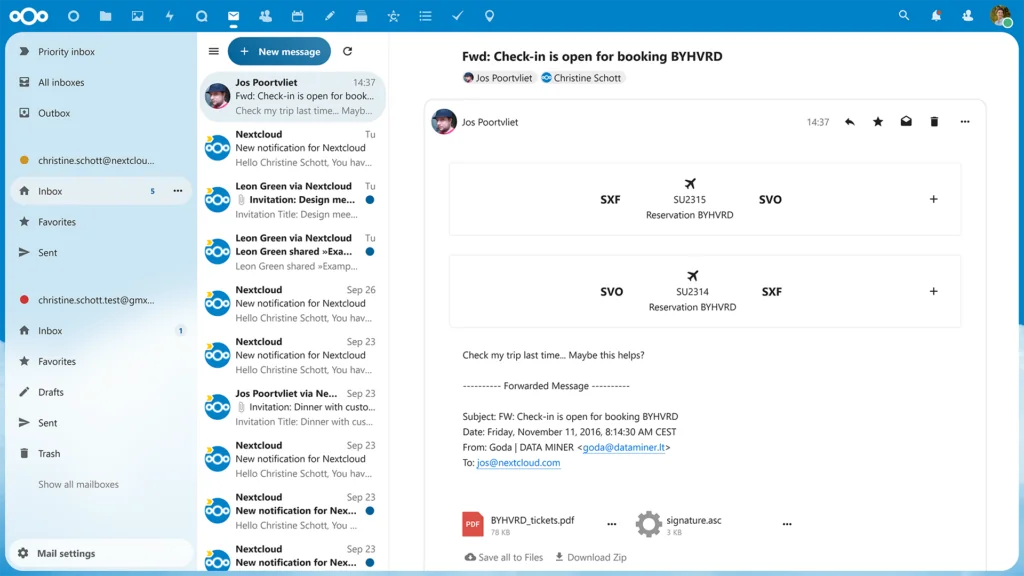 Nextcloud 25 emails itinerary